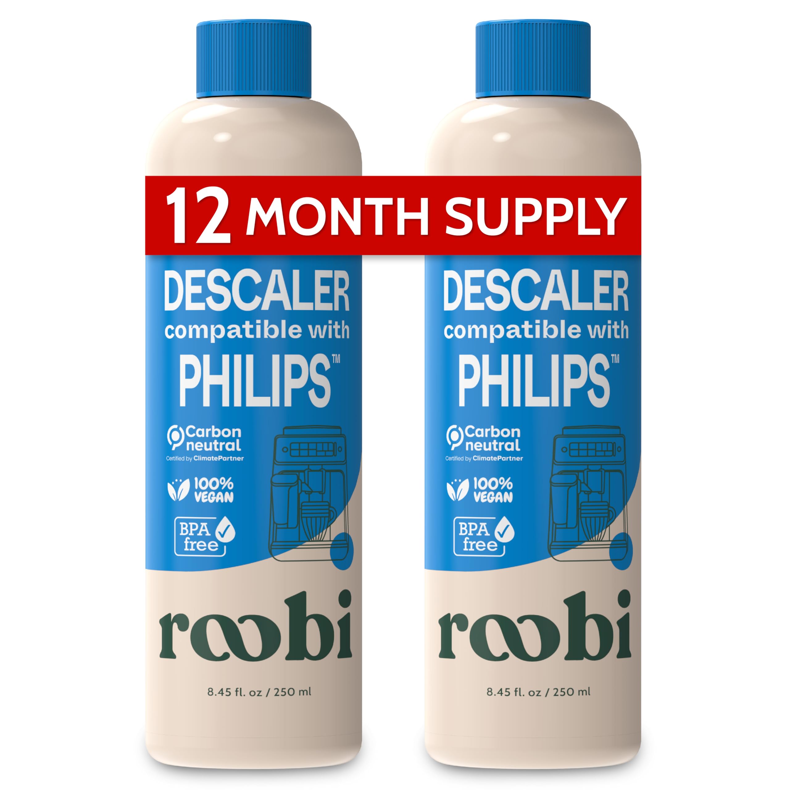 Photo 1 of Roobi Philips Compatible Descaling Solution & Cleaner. Specially Formulated for Philips Espresso Machines. Carbon Neutral Descaler Kit. 2 Uses per Bottle, 2 Pack