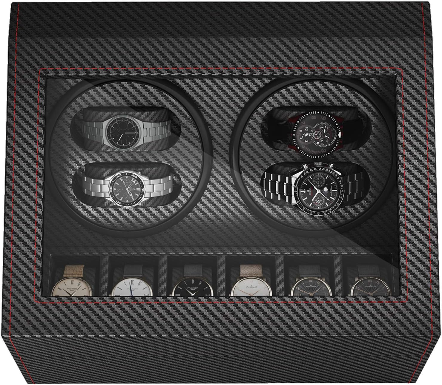 4+6 Automatic Watch Winder Carbon Fibre Watches Winding Display Box Storage Case