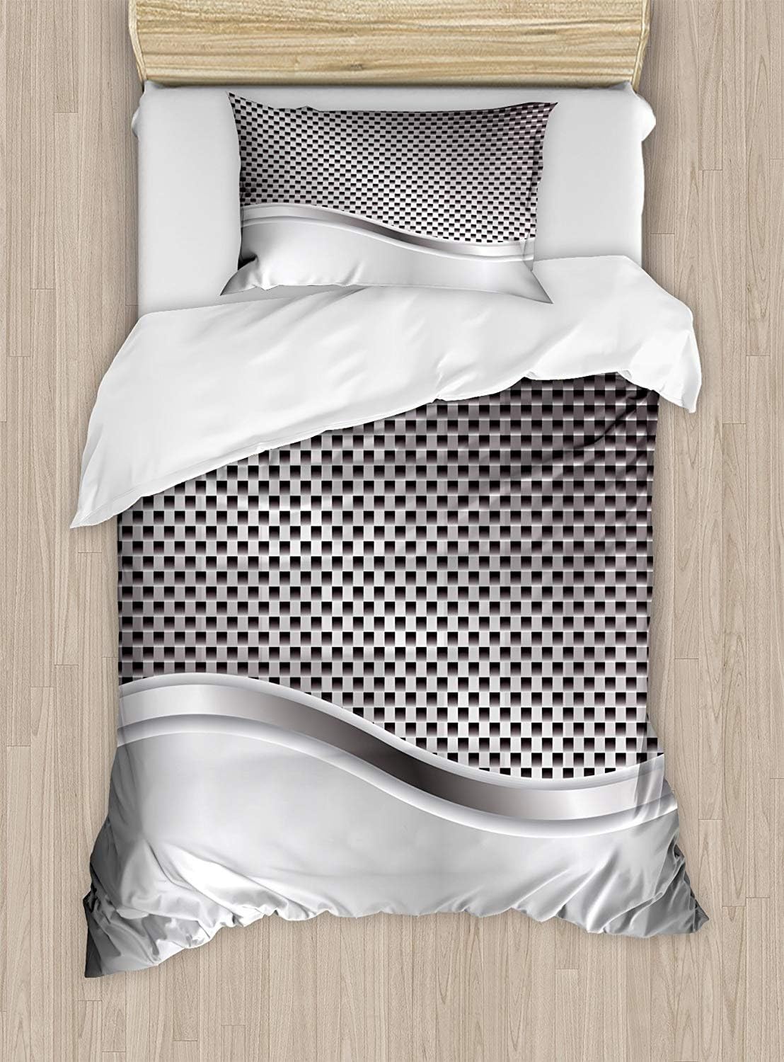 Fantasy Star Twin XL Extra Long Bedding Set,Grey Duvet Cover Set,Technology Structure with Wavy Stripe and Checkered Motif Industrial Grid Print,Include 1 Flat Sheet 1 Duvet Cover and 2 Pillow Cases
