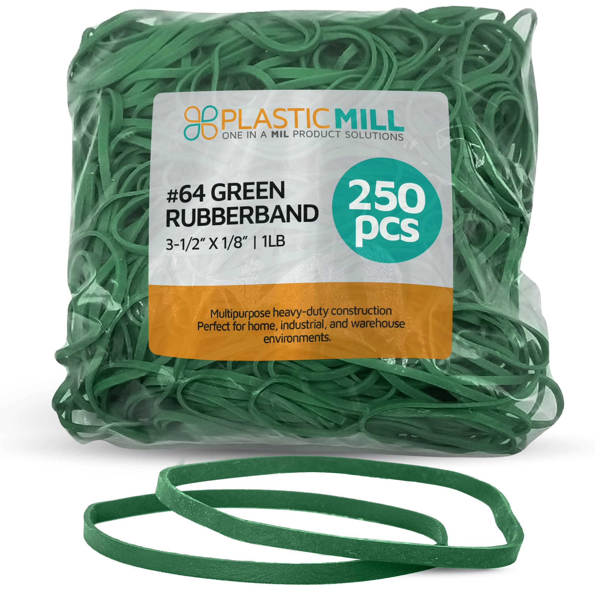 PlasticMill Green Rubber Bands Size 64 (3 1/2" x 1/4") - Colored #64 Rubber Bands Office Supplies - Thick, Elastic Rubber Bands for Tie Dyeing, File Folders, Produce, Cash Bundling (250-Count)