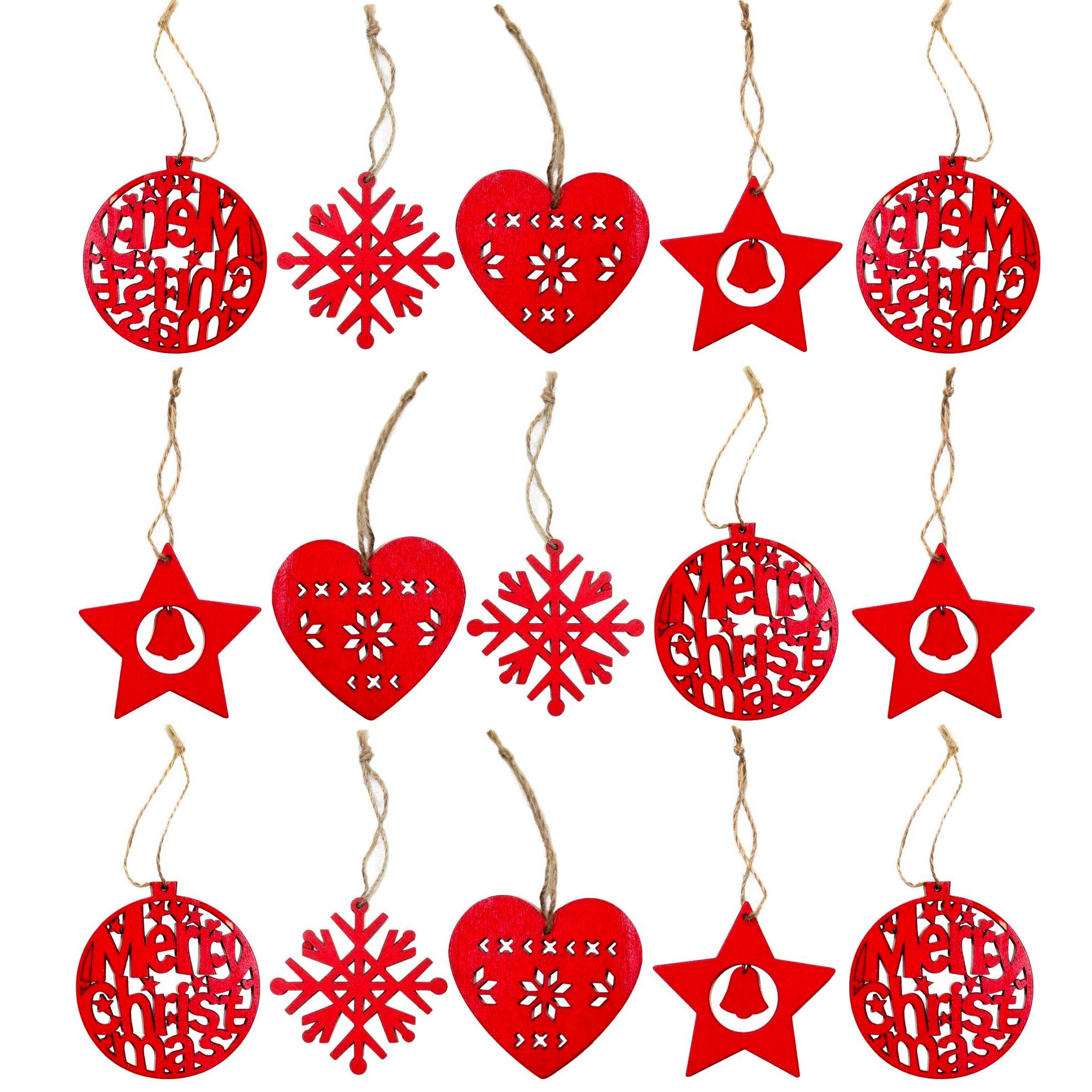 Robelli Pack of 16 Assorted Red Wooden Christmas Tree Hanging Pendant Decorations