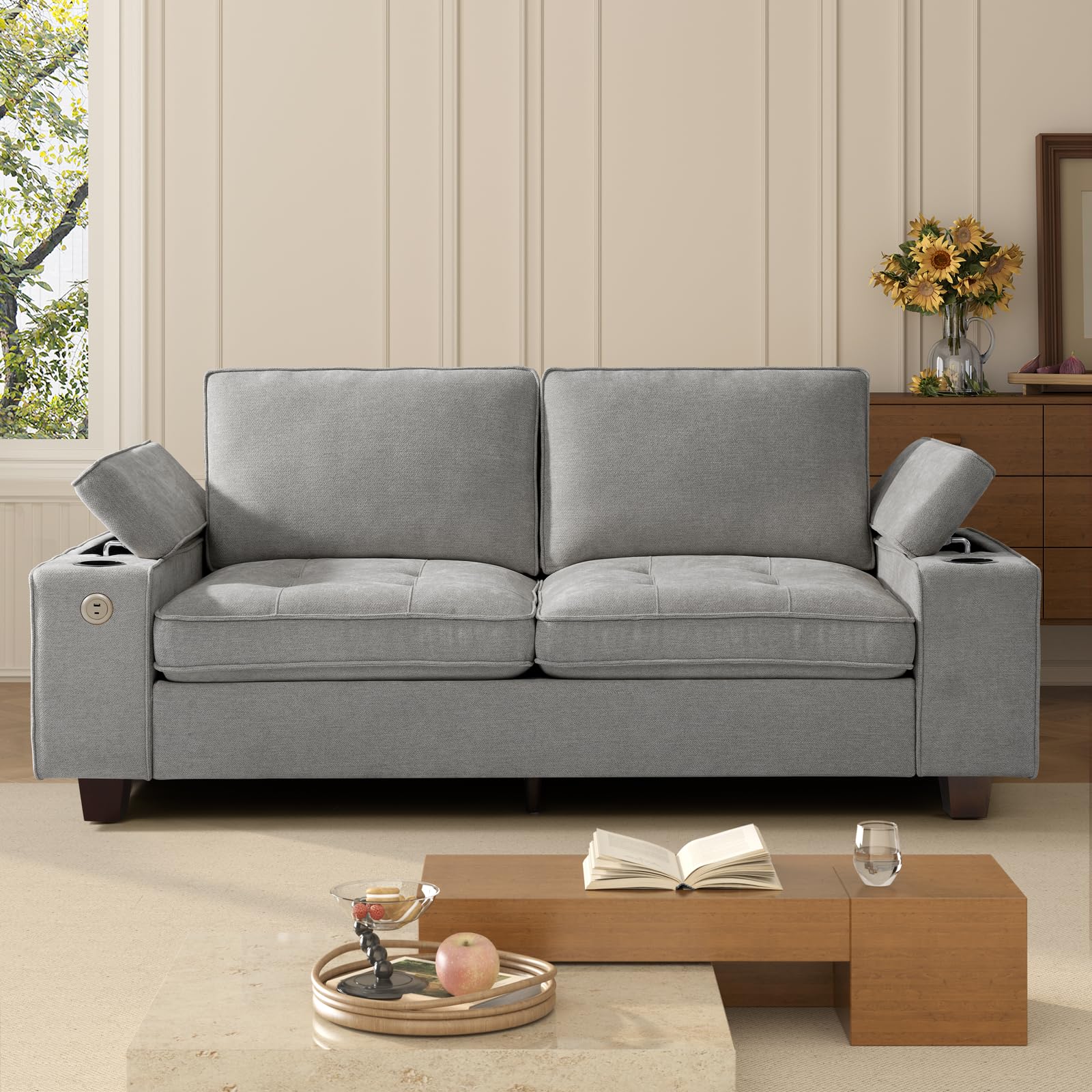 Photo 1 of ***PARTIAL SET*** ***READ CLERK NOTES***  KIMOLST 84" Loveseat Couch for Living Room,Modern Chenille Upholstered Sofa with Adjustable Storage Armrest,Cup Holders,USB & Type-C Ports,Solid Wood 2-Seater Loveseat Sofa for Apartment(Gray)