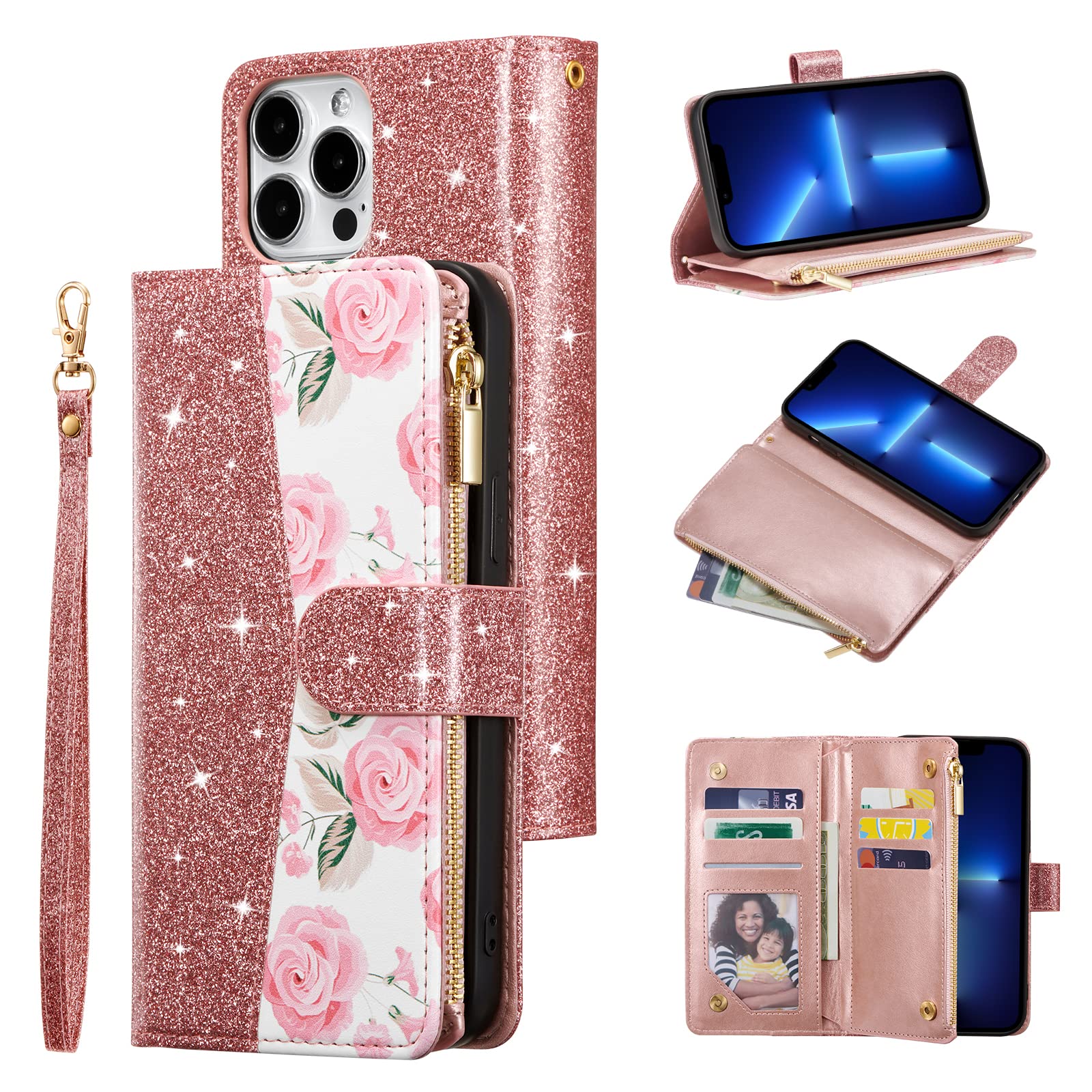 UEEBAI Wallet Case for iPhone 13 Pro Max 6.7 inch, Glitter PU Leather Magnetic Closure Handbag Zipper Pocket Case Kickstand Card Holder Slots Wrist Strap TPU Shockproof Flip Cover - Bling Rose Gold — image 1