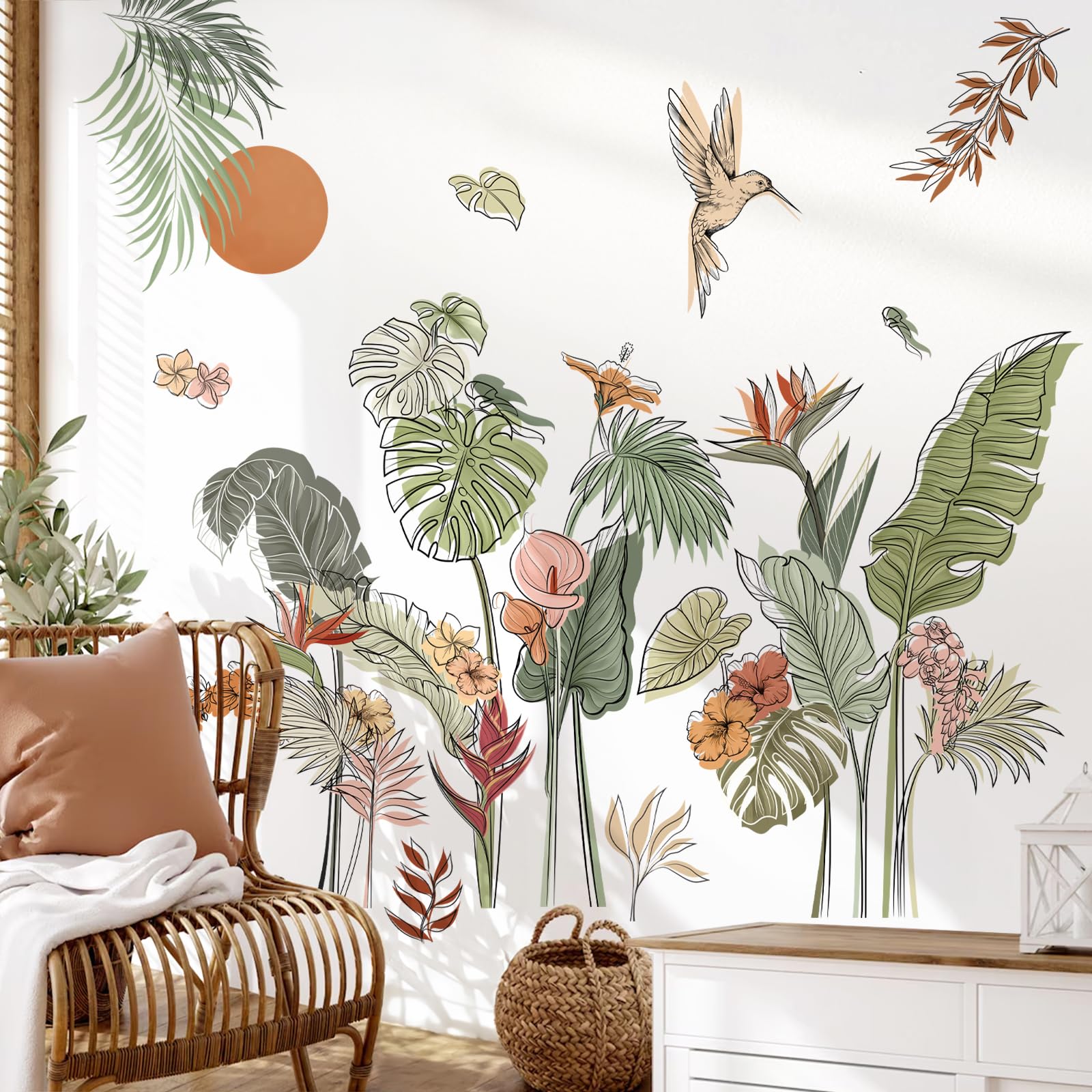 decalmile Boho Tropical Leaves Flower Wall Decals Bohemian Floral Plants Sun Wall Stickers Bedroom Living Room Office Wall Decor