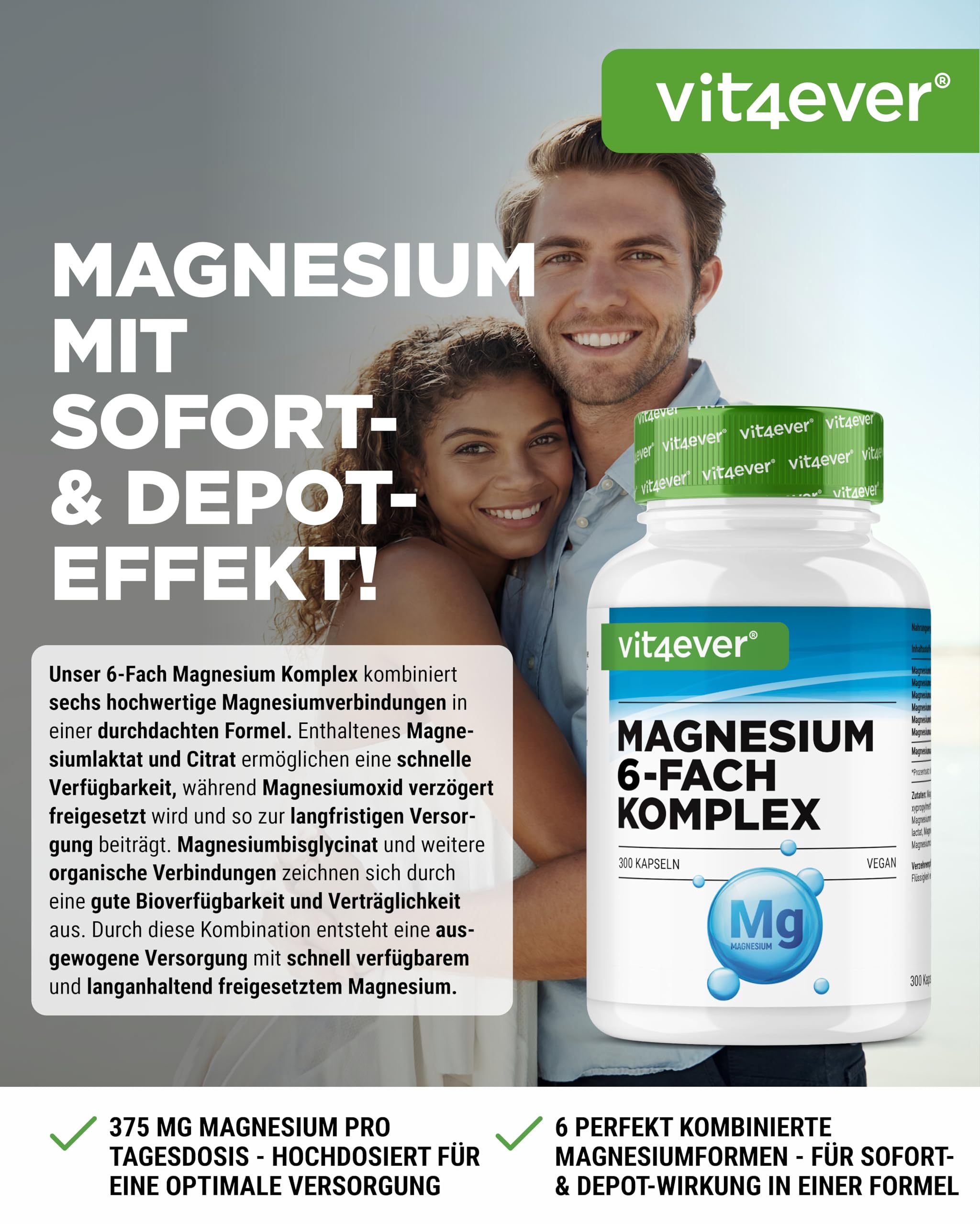 vit4ever Magnesium Komplex hochdosiert 375 mg - 6-fach mit hohem Bisglycinat-Anteil - 300 Kapseln (100 Tage) - mit Citrat, Malat, Ascorbat, Laktat - vegan, ohne unnötige Zusatzstoffe, laborgeprüft 2