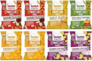 I WON! IWON Organics, Variety Pack of 8 Tasty Snacks, Protein Puffs and Snack Stix, High Protein and Organic Healthy Snacks, 5 Flavors, 8 Bags, 1.5 Ounce