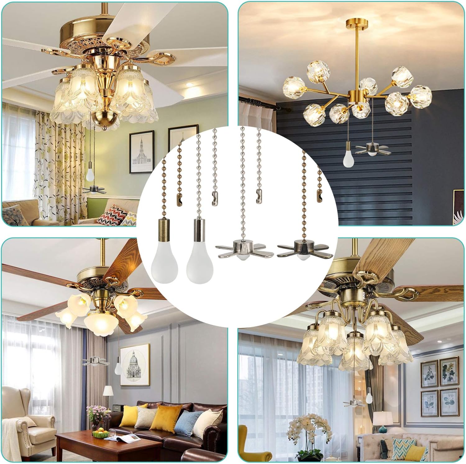 Ceiling Fan Pull Chain 4PCS 2 Sets Pull Chain Extension with Connector Copper Beaded Ball Pull Chain for Ceiling Light Fan 2 Colors Bronze and White Nickel Classic Ceiling Fan Pull Cord Pendant - - 
