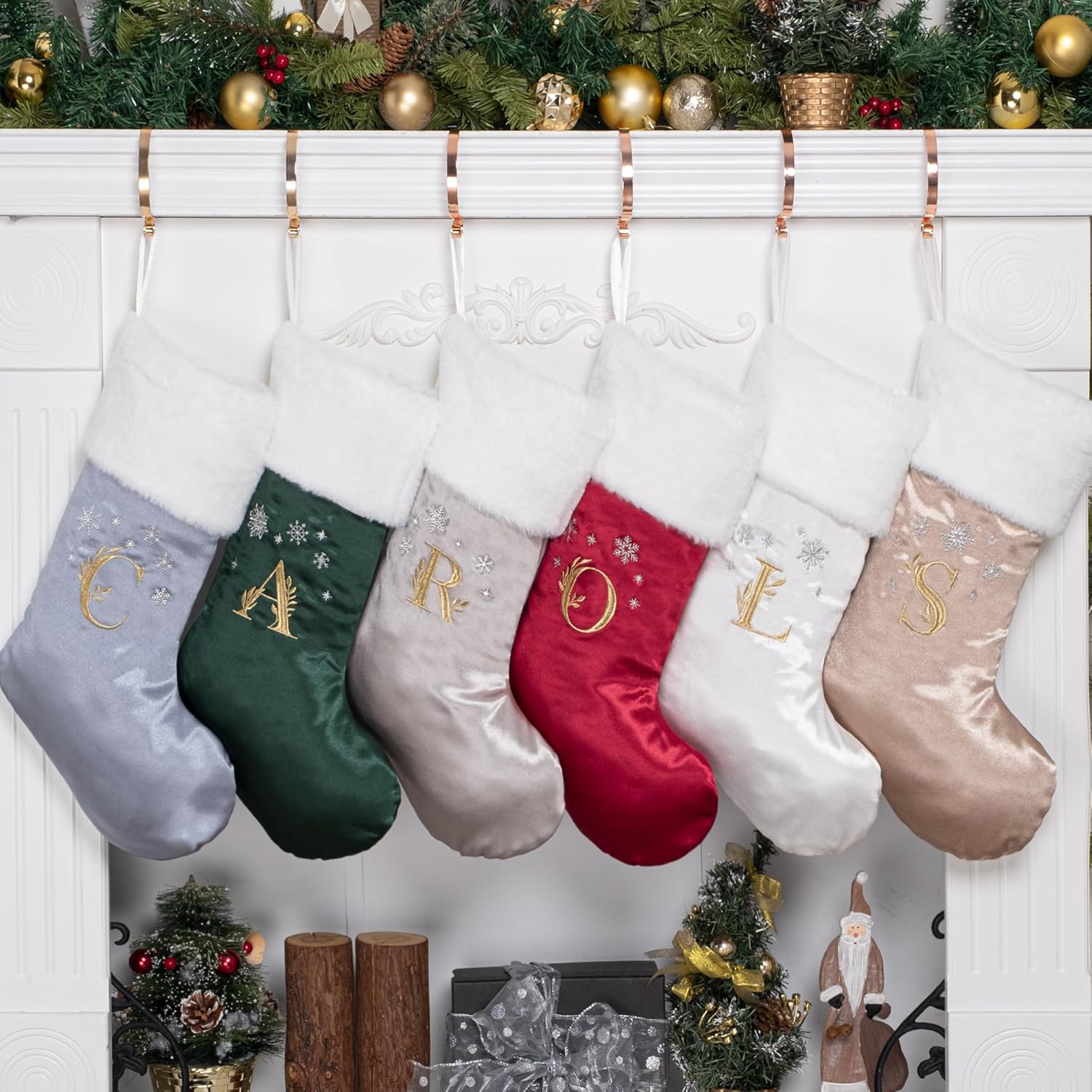 Stockings & Holders - GEX 2023 Initial Christmas Stockings Monogram with Letters Personalized for Family Embroidery Silk Satin with Soft Faux Fur Christmas Ornament Tree Decorations (Green, Letter A)