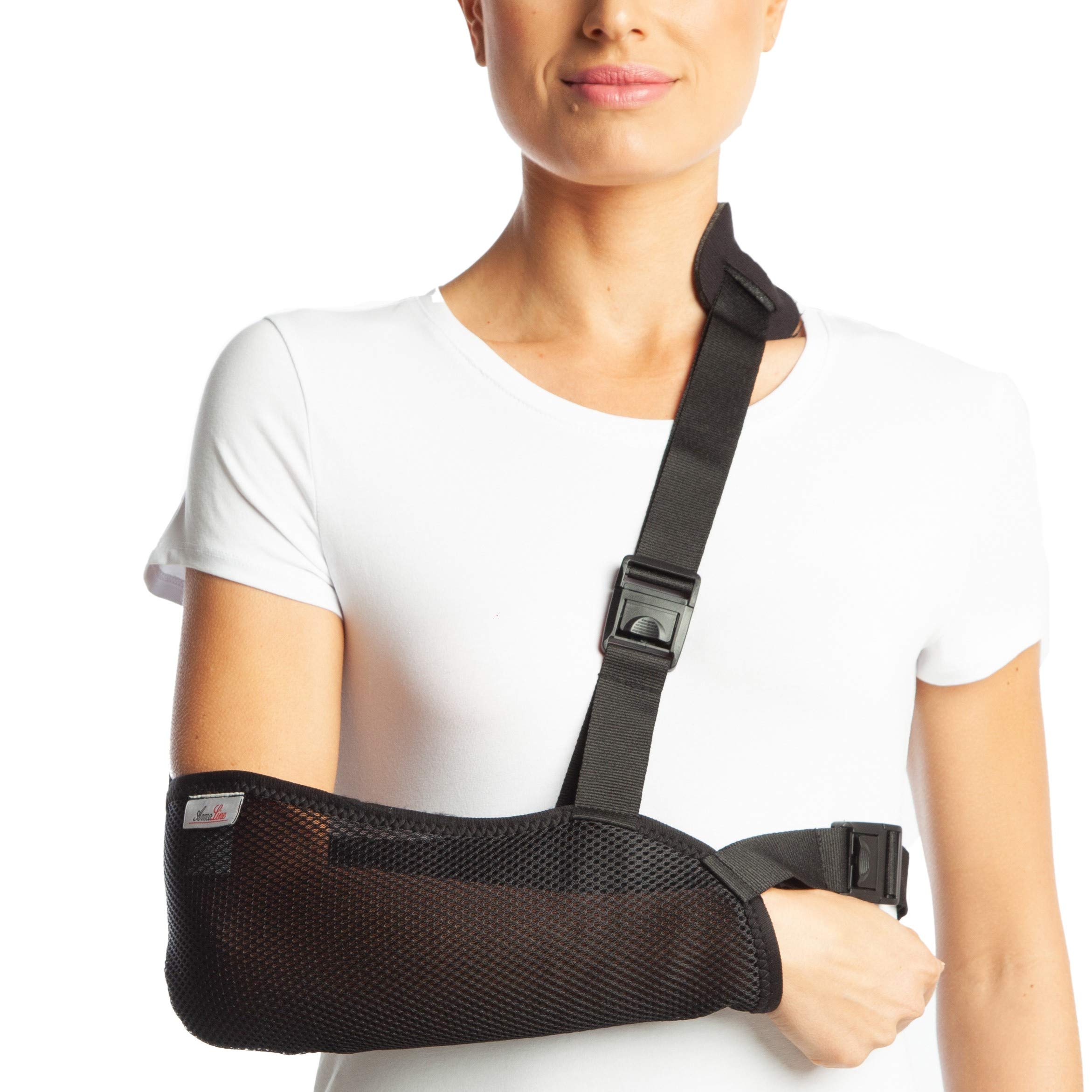 ArmoLine Arm Sling Breathable Mesh Fabric for Adult Black Broken Arm Bandage for Broken Wrist Shoulder immobilizer (M (38-44 cm))