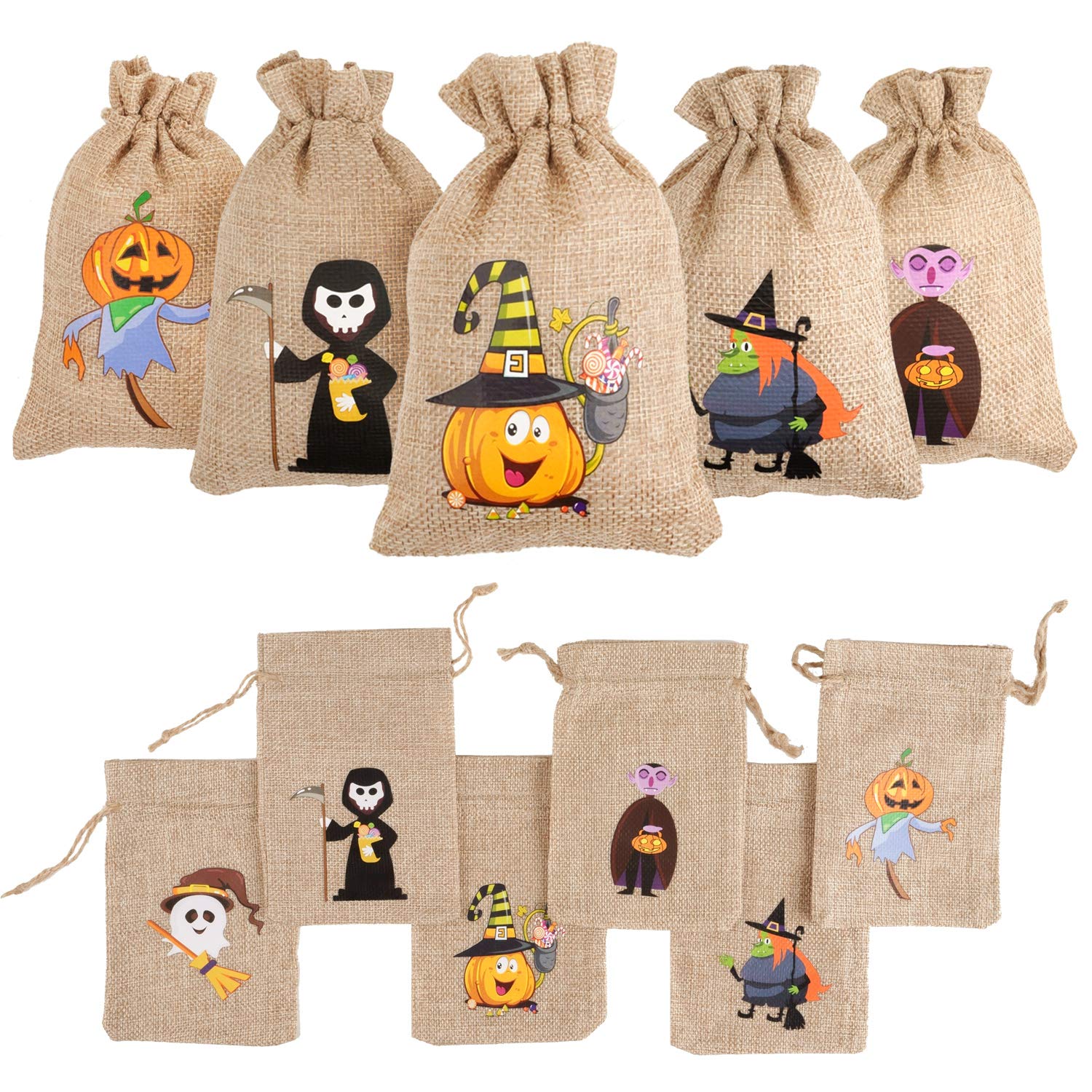 FINGOOO Halloween Jute Burlap Bags, 12 pieces Small Gift Candy Pouch with Drawstring for Kids