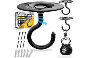 PAMAZY [UPGRADED] 2Pcs 200LBS Rotatable Ceiling Hooks Black Firmly Wall Mount Metal Hangers Round Ceiling Hook for Hanging Hanging Plants, Bird Feeder, Lights, Bed Canopy, Wind Chime, Indoor Outdoor Decor