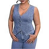Floerns Women's Plus Size Sleeveless Vest Denim Jacket Button Front V Neck Waistcoat