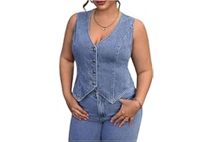 GORGLITTER Women's Plus Size Denim Vest Sleeveless V Neck Jean Waistcoat Vest Western Outfit