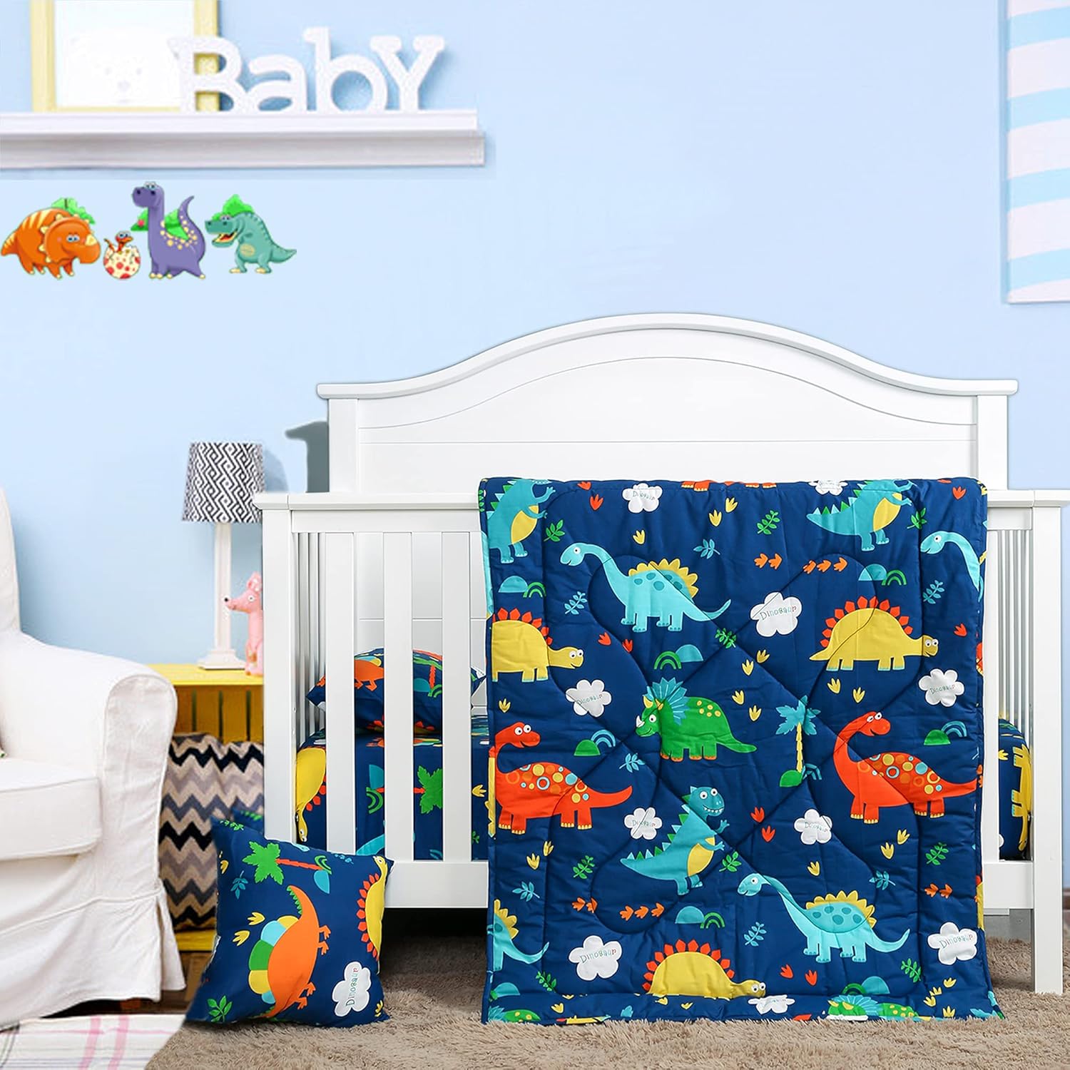 Dinosaur Crib Bedding Set 100% Cotton 3 Piece Baby Nursery Bedding Sets-UOMNY Small Toddler Pillow Case Cover&A Crib Quilt and A Crib Sheet Cute Kids Bedding Set for Boys/Girls