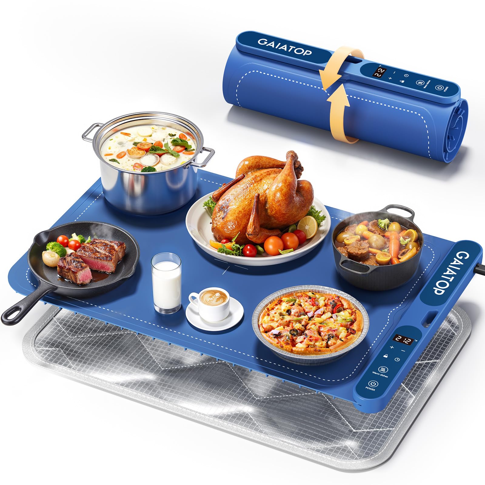 Photo 1 of Gaiatop Food Warming Mat, Fast-Heating Silicone Electric Warming Tray with Heat Insulating Pad, 7-Level Temp 8h Timer Food Warmer Mat, Portable Heating Mat for Countertop Gatherings Party Home, Blue