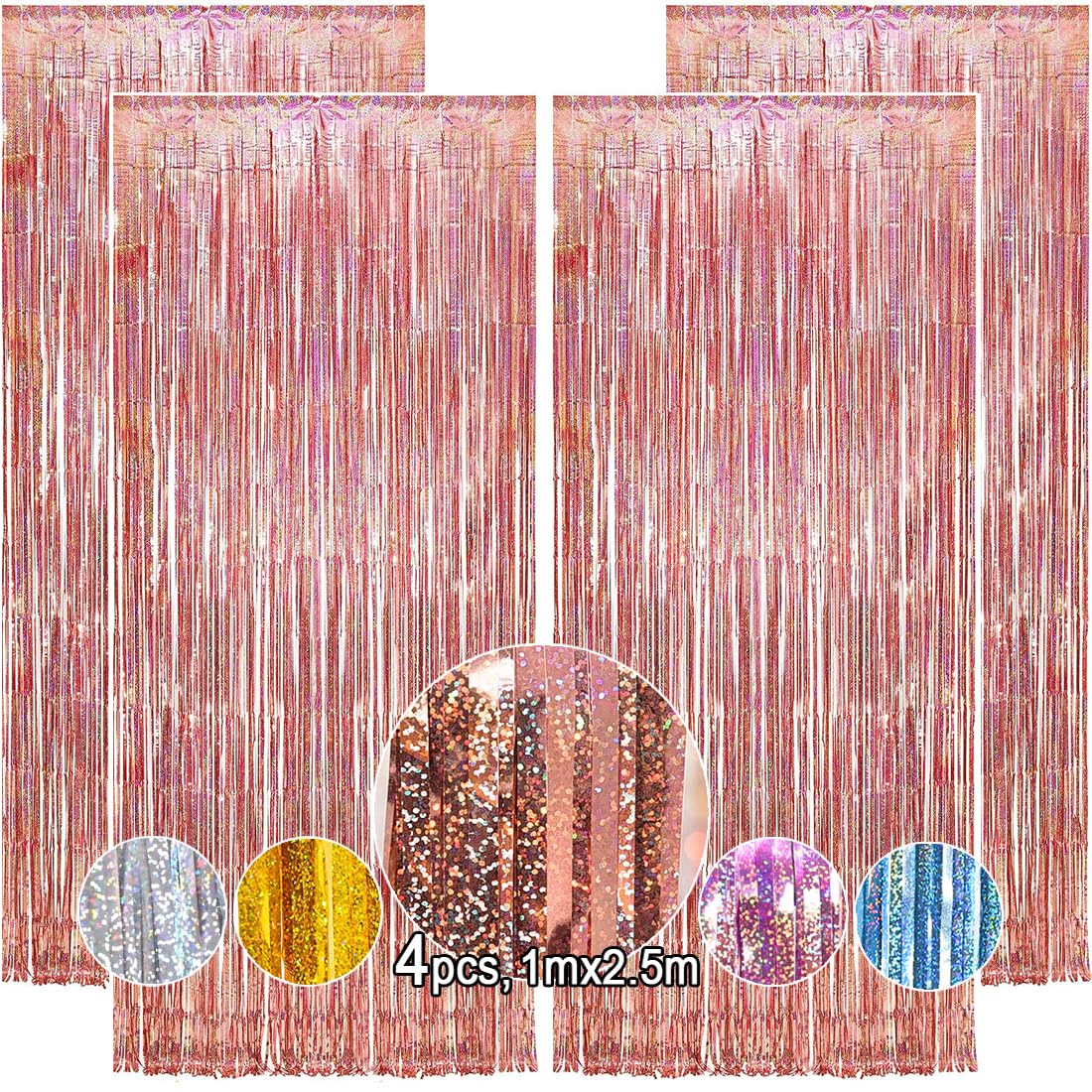 OEMG 4 Pack Rose Gold Foil Curtains 1X2.5m Thickened Laser Glitter Tinsel Fringe Curtain Streamer Backdrop Decorations for Birthday Photo Booth Props Graduation Engagement Party