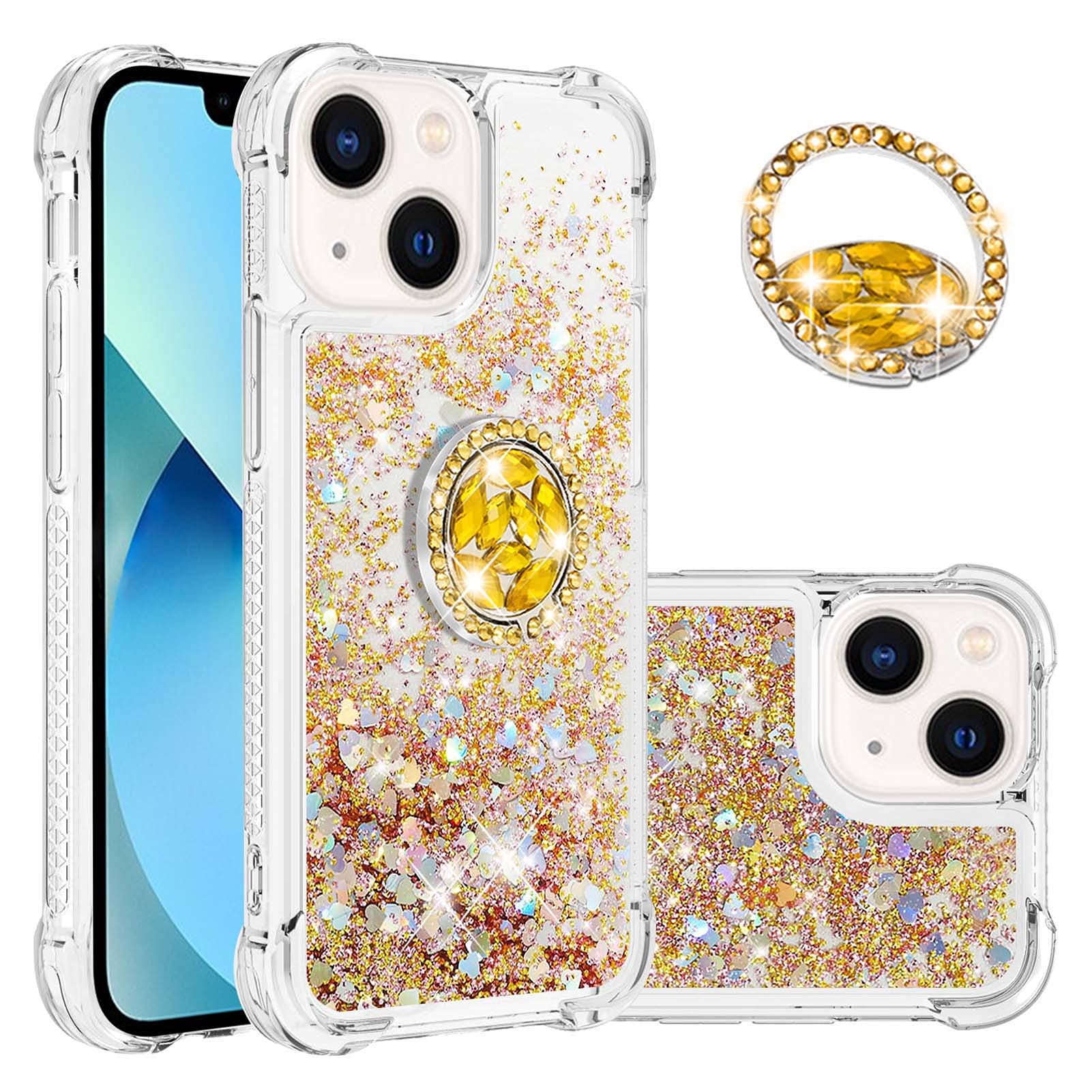 IMIRST Phone Case Compatible with iPhone 15 Plus (6.7'') Bling Liquid Glitter Diamond Ring Shell Shockproof Airbag Protective Cover Bumper Case for Apple iPhone 15 Plus. YBK Love Gold — image 1
