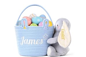 Urijk Easter Basket for Kids, Personalized Bunny Basket with Embroidered Name for Boy, 7.8" Woven Cotton Rope Easter Egg Hunt