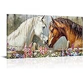 SkenoArt Large White and Bay Horse Canvas Wall Art Horse with Wild Flowers Pictures Painting Prints Artwork Farmhouse Animal Wall Art for Living Room Bathroom Office Wall Decoration 24‘’x48‘’