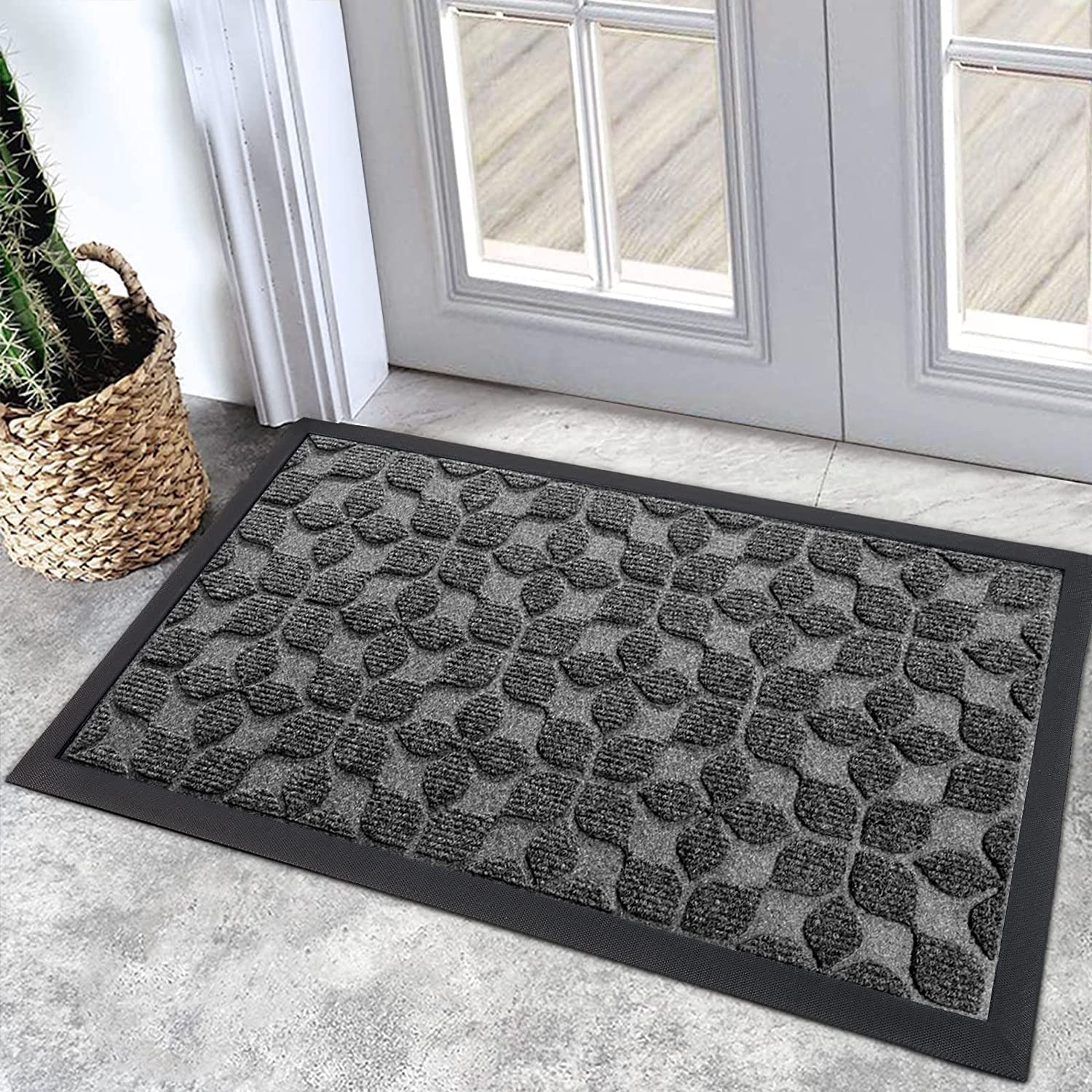 Bulijojo Sturdy Front Entrance Doormats,Durable Heavy Duty Welcome Mat,Thick Absorbent Natural Rubber Non Slip Mat,Easy Clean Entryway Mat Geometric Grey 23"x35" Image