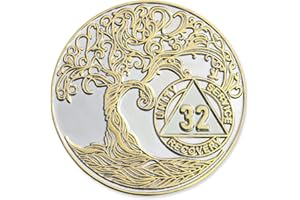32 Year XL 40mm Nickel & Gold Plated AA Coin - Sobriety Mint Twisted Tree of Life Recovery Medallion/Chip - Silver/Gold
