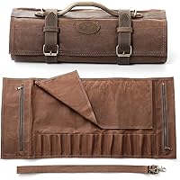 XINZUO Chef Knife Roll Bag-16oz Waxed Canvas and Crazy Horse Leather -with 12 Slots Plus 2 Zipper Pockets to Hold Kitchen Kni