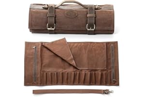 XINZUO Chef Knife Roll Bag-16oz Waxed Canvas and Crazy Horse Leather -with 12 Slots Plus 2 Zipper Pockets to Hold Kitchen Kni