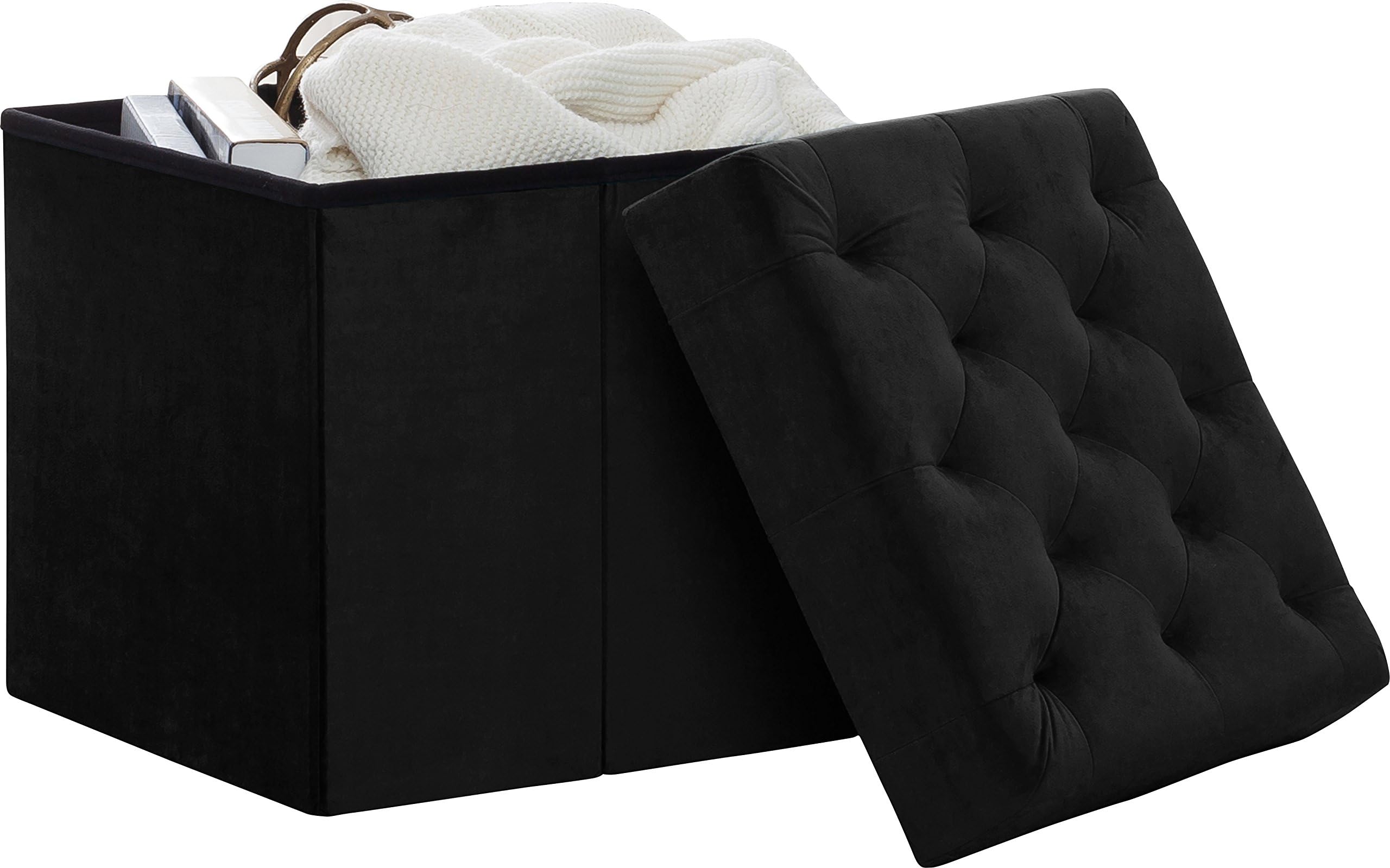 Ornavo Home Foldable Velvet Tufted Storage Ottoman Square Cube Foot Rest Stool/Seat - 17" x 17" x 18" - Black