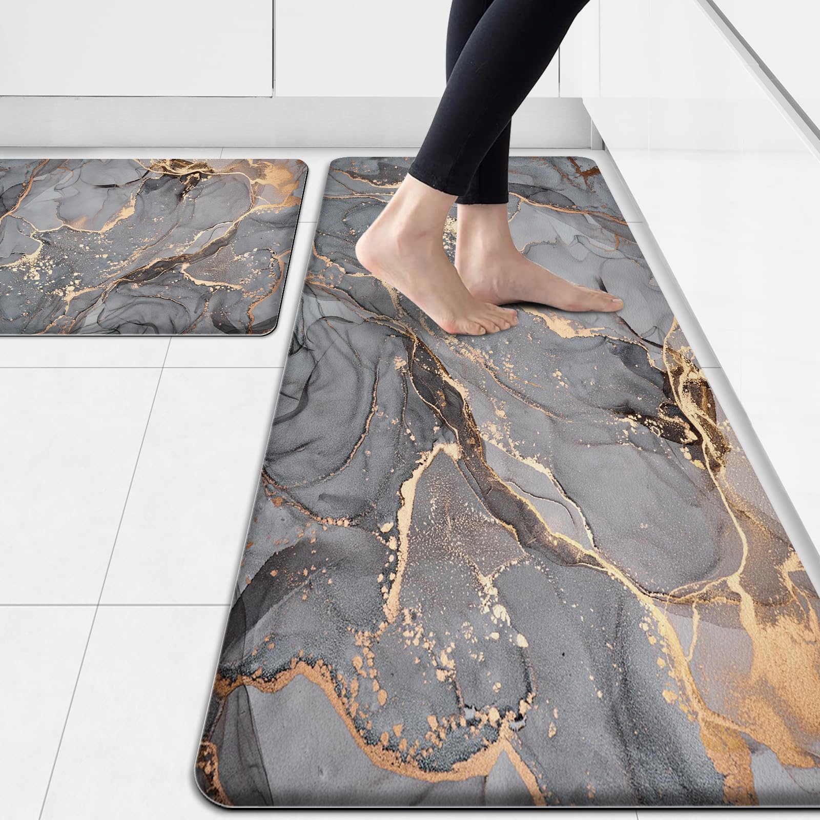 Photo 1 of ***(HEAVILY USED/ MINOR DAMAGE)***GulongYa Kitchen Mat Anti Fatigue Cushioned Set of 2 Grey Kitchen Rugs Non Slip Waterproof Kitchen Floor Mats Gold Kitchen Accessories and Decor Comfort Memory Foam Kitchen Mats for Floor Laundry Room