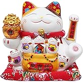 Nisorpa 11" Ceramic Lucky Cat Waving Arm, Maneki Neko Fortune Cat Statue with Auto-Swing Plastic Arm, Chinese Feng Shui Wealth Decor for Home Office Shop Decorative Gift for Good Luck & Prosperity