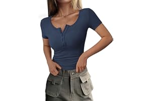 PRETTYGARDEN Women's 2026 Fall Summer Short Sleeve Tops Ribbed Henley Button Slim Fit Basic Casual T Shirts Blouse Clothing