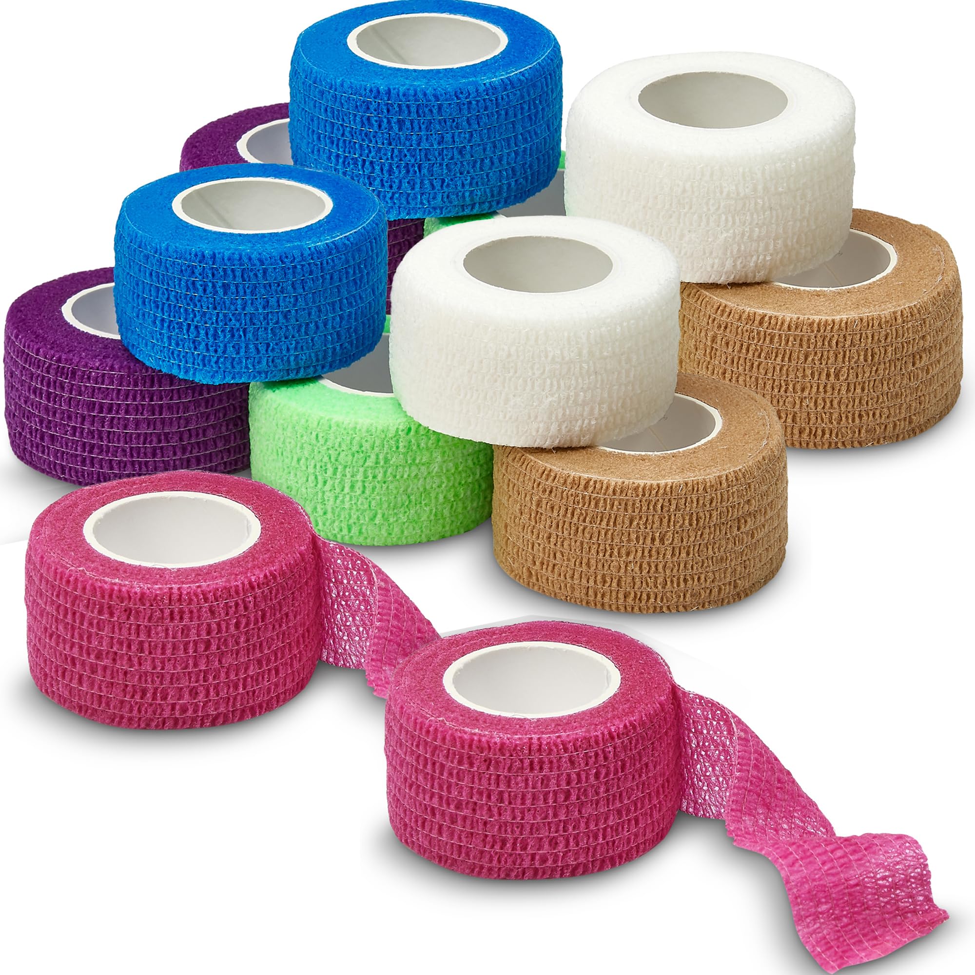 Self Adherent Cohesive Wrap Bandages - (Pack of 12 Rolls) 1 Inch X 5 Yards with Strong Elastic and Colorful First Aid Tape for Sprain Swelling and Soreness on Wrist and Ankle (Rainbow Color)