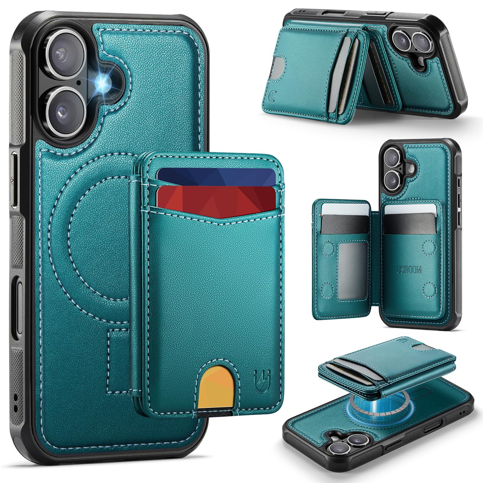 Photo 1 of Usroom for iPhone 17 Detachable Wallet Case with Card Holder, 2 in 1 RFID Blocking Credit Slots Kickstand Shockproof Phone Wallet for iPhone 17 6.3" Bluish Green