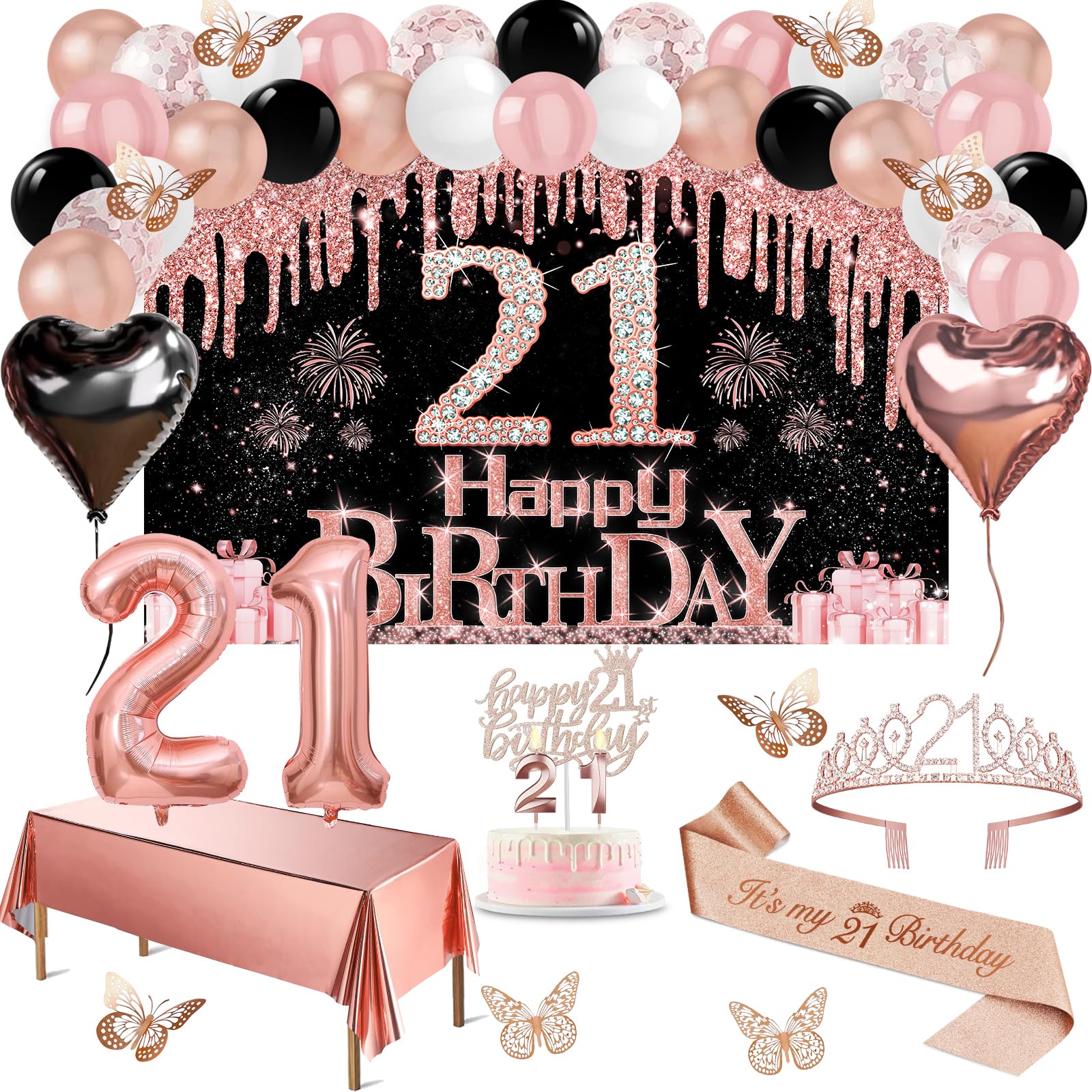 Photo 1 of 21st Birthday Decorations for Her, 49pcs Black Rose Gold Black Banner, Tablecloth, Butterfly Decor, 21st Birthday Sash and Tiara, Cake Topper, Candles, Balloons Arch