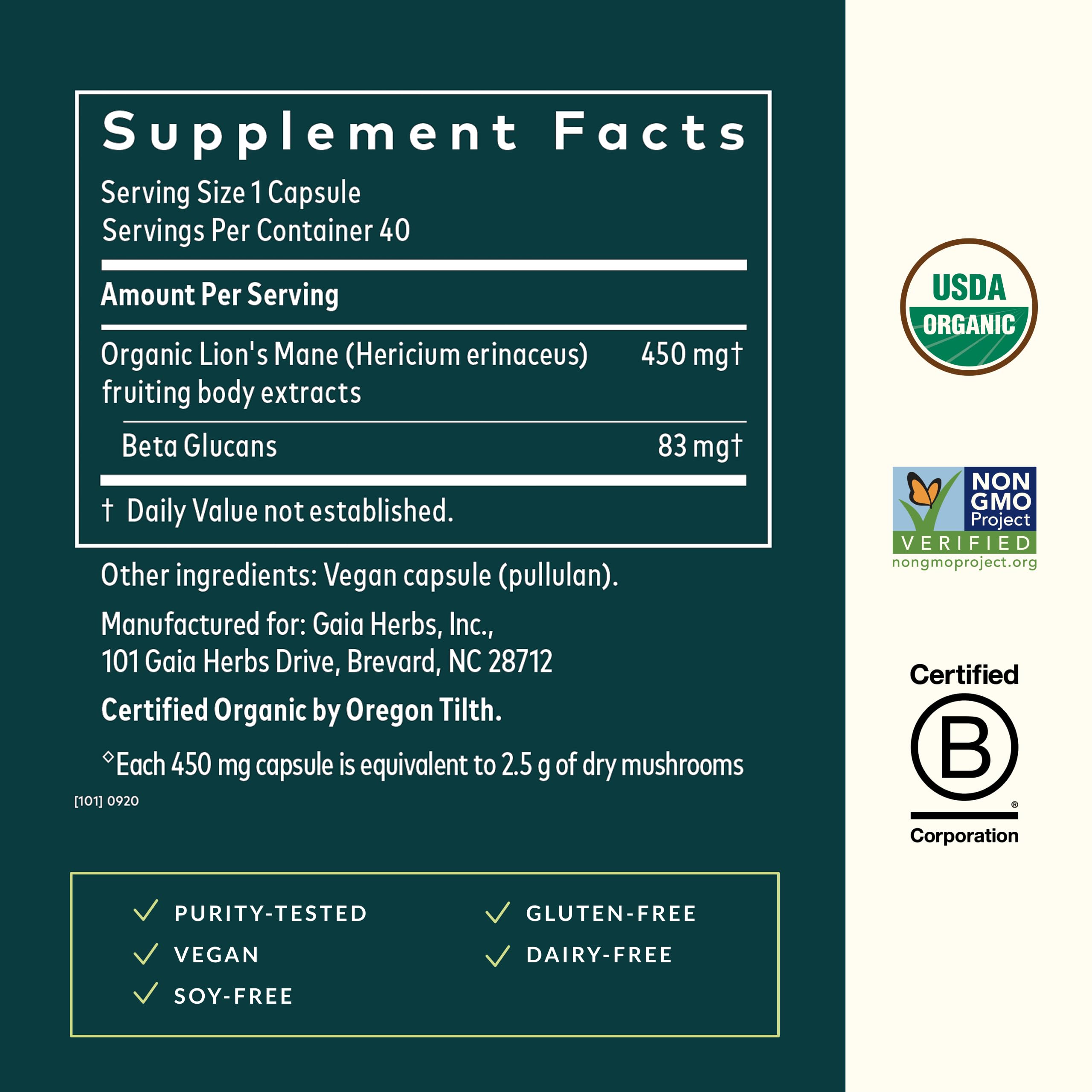 Gaia Herbs Lion’s Mane Mushroom - Brain & Nerve Health Support - 40 Vegan Capsules