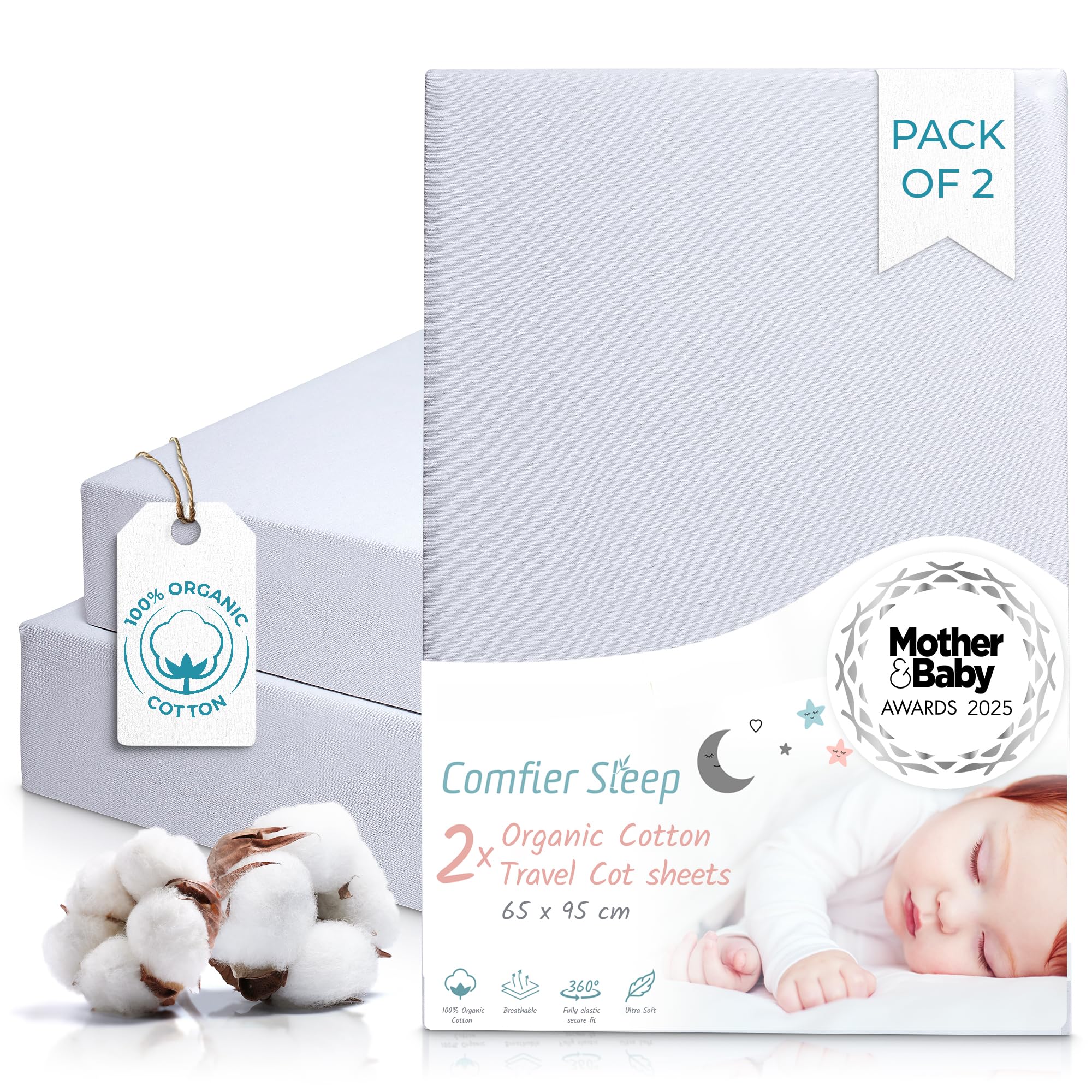 Grey Travel Cot Sheets 95x65 cm – 2 Pack Organic Cotton Fitted Sheet– Soft Breathable Bedding for Standard Travel Cot Mattress