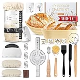 Complete Sourdough Starter Kit, Sourdough bread baking supplies, Great Gift Beginners Bread Makers 24oz Fermentation Jar 9" and 10" Silicone Banneton Bread Proofing Basket, sour dough Whisk,18 in 1