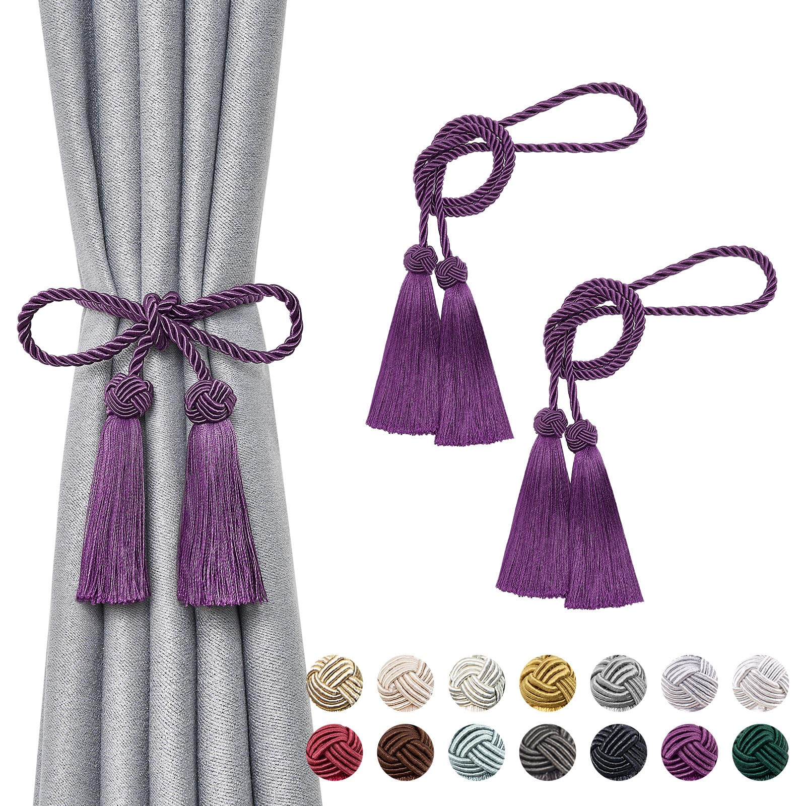 Pretty Jolly 2 Pack Double-ended Tassel Curtain Tiebacks Handmade Braided Rope Knot Drape Tie Backs European Style Decorative Curtain Holdbacks for Home & Office Window Drapery (Purple)