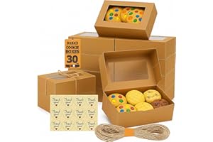 Leafiew 30 Pack Cookie Boxes with Window for Gift Giving – 9x6x3 Inches Bakery Boxes - Small Cookie Containers for Treats, Desserts, Strawberries, Cupcake, Pastry, Charcuterie, Baked Goods (Brown)