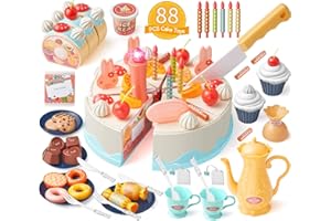 Birthday Cake Toys Set, Geyiie Cake Play Tea Party Dessert Set with Light, 88 PCS Pretend Play Cutting Food with Chocolate,Fruit Decor,Candles and More,Gift Choice for Toddlers Boys Girls
