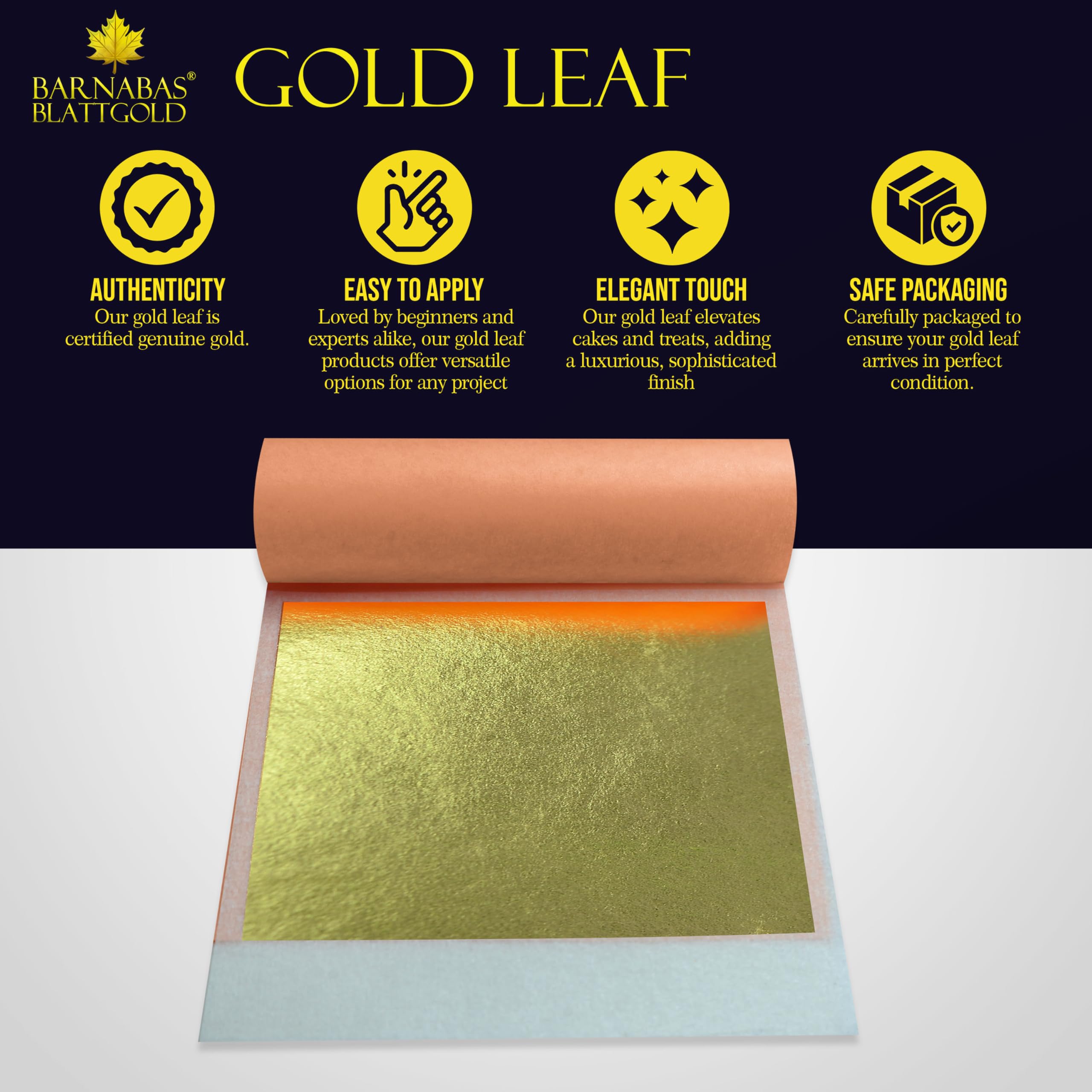 Barnabas Blattgold Gold Leaf - 23.75K Real Gold [10 Sheets, 3.4 inches] - Transfer Patent for Painting, Arts and Crafts
