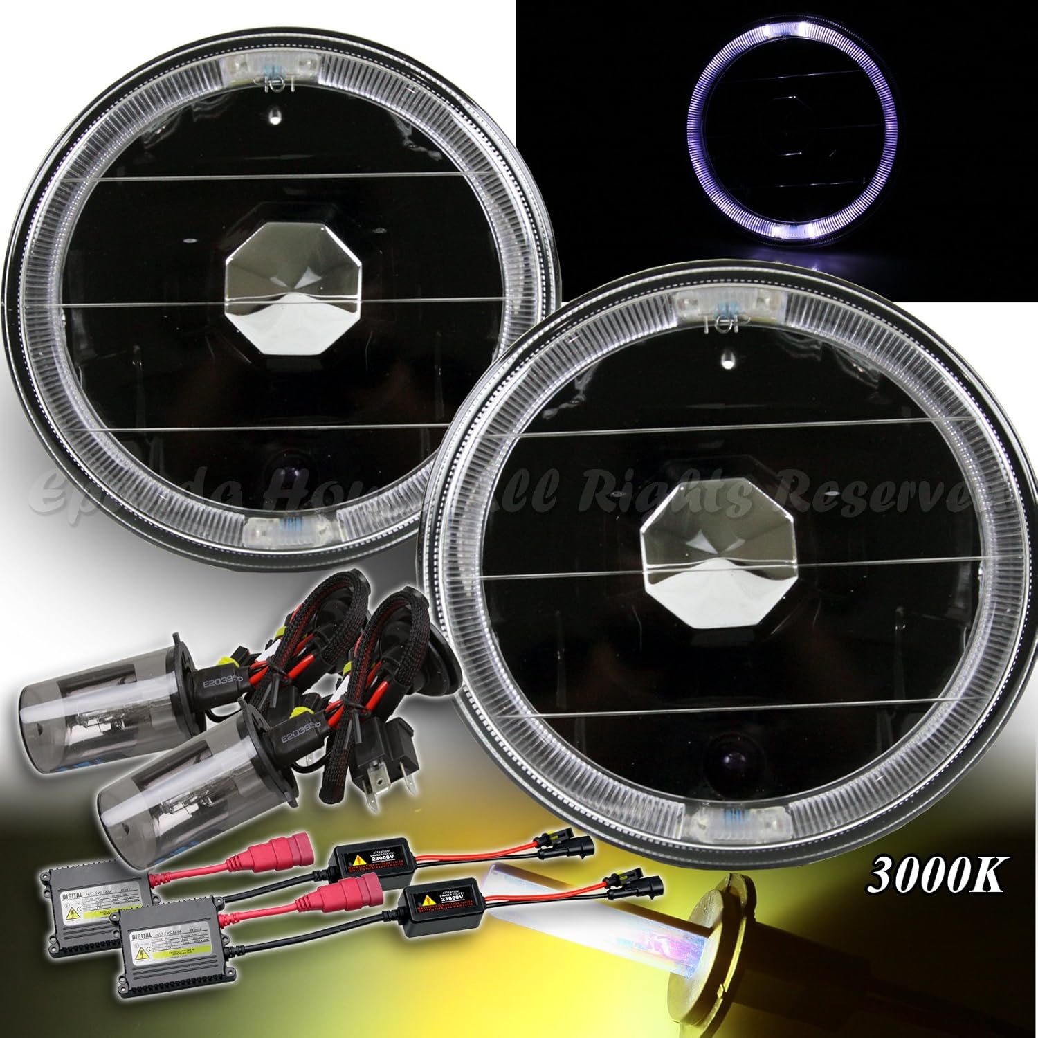 White LED Halo! 5.75" H5006 H5001 Clear Reflector Lens Headlights H4