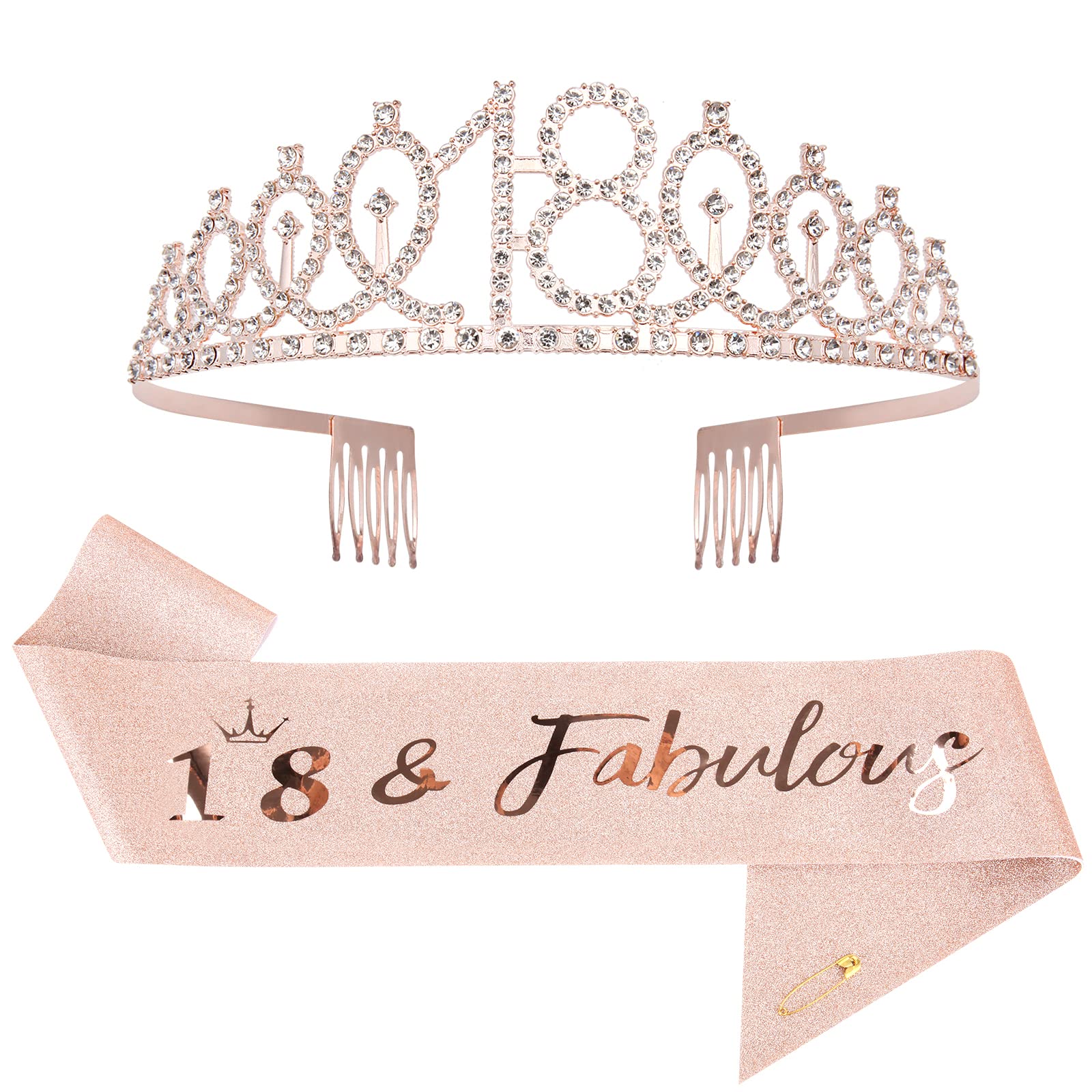 Mikccer Rose Gold 18th Birthday Sash and 18 Birthday Tiara, Rhinestone Crown Headband for 18th Birthday Gifts, 18th Birthday Decoration Party Accessories for Girls Women (FR-05) — image 1