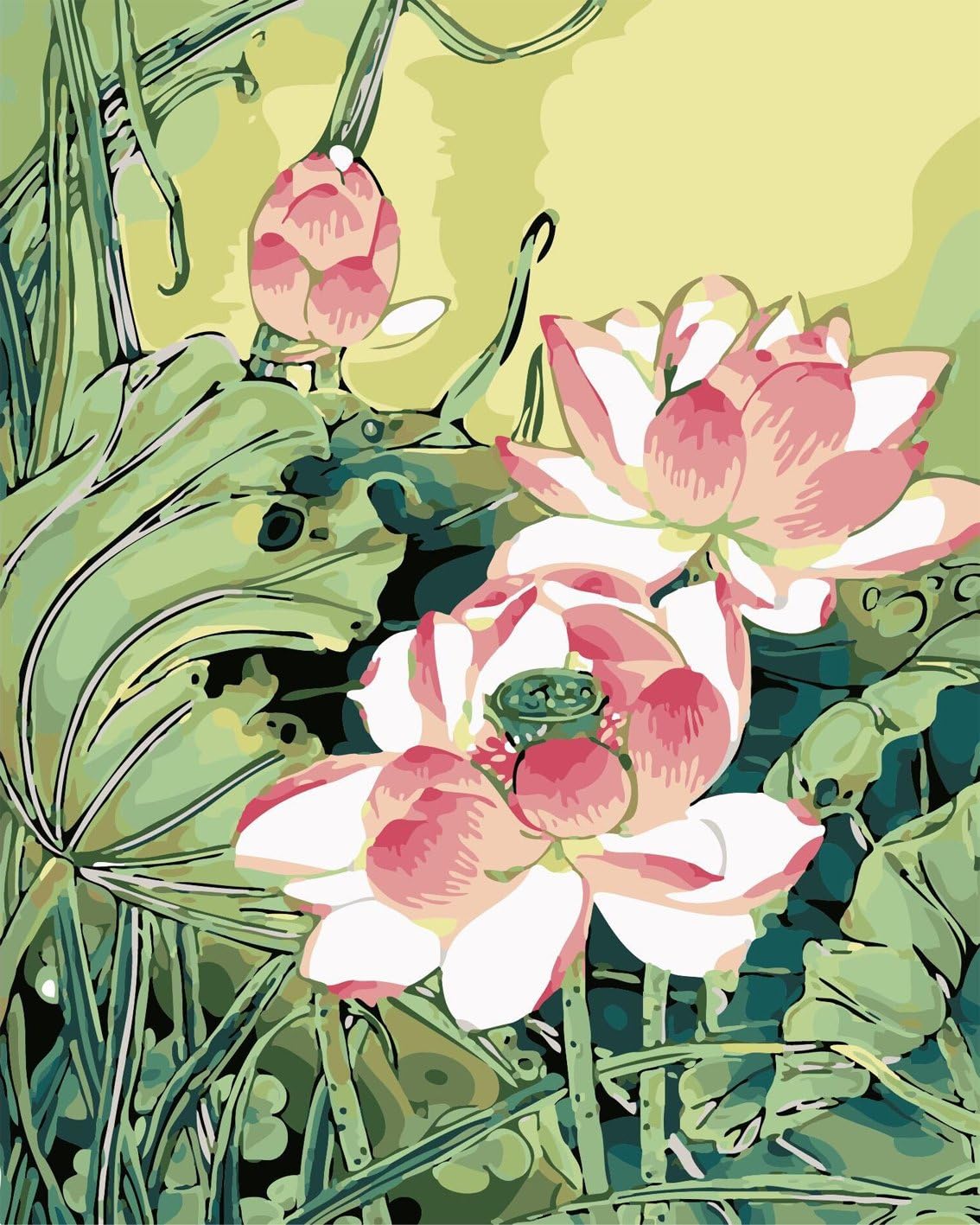 RIHE Paint by Numbers, DIY Oil Painting Oriental Ancient Chinese Style Ink Summer Lotus Canvas Print Wall Art Home Decoration Without Frame
