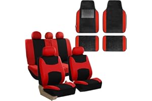 FH Group Light & Breezy Cloth Seat Full Car Seat Covers (Airbag & Split Ready) with Carpet Floor Mats- Universal Car, Truck, SUV, or Van (Red/Black) FB030115