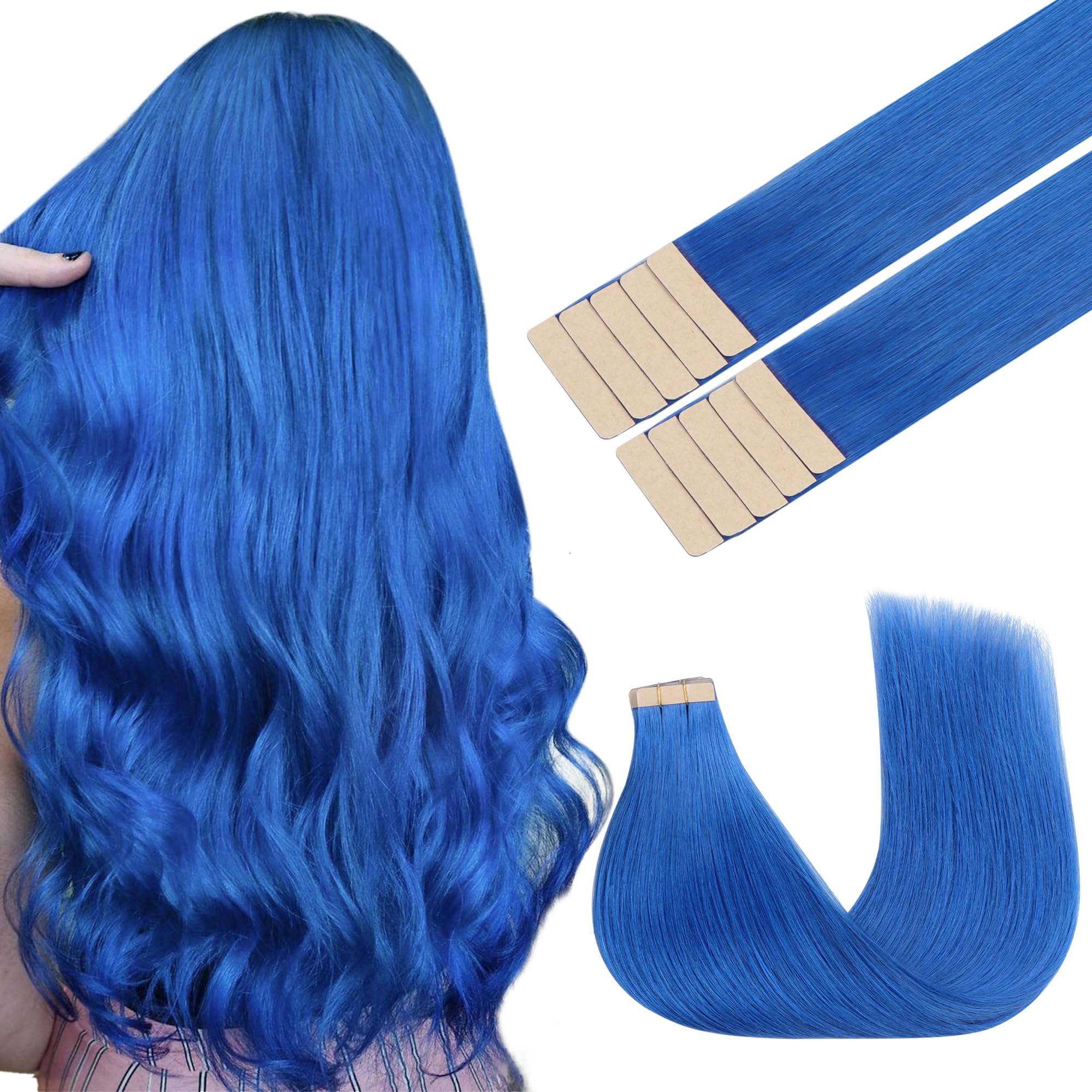 GOO GOO Tape in Hair Extensions Human Hair, Blue 10pcs 25g 14inch, Colored Tape ins Human Hair Extensions, Silky&Soft Invisible Tape Ins, Straight Remy Hair Highlighted for Party — image 1