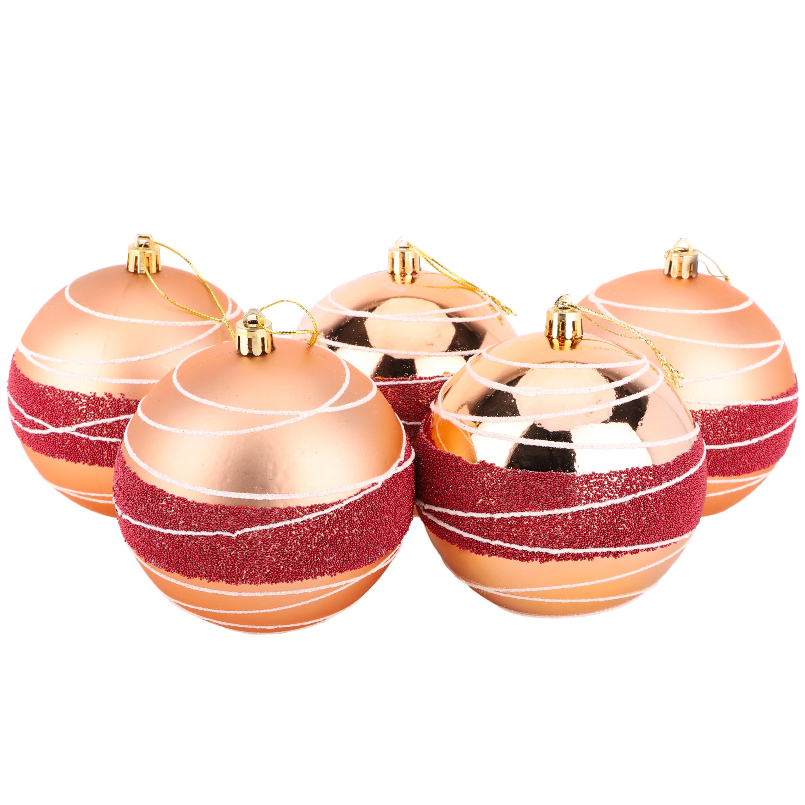 Christmas Concepts® Pack of 5-100mm (4") Large Baubles - Shiny, Matte & Bead Design - Christmas Decorations (Rose Gold & Red)
