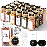 ComSaf Spice Jars with Label 4 oz 24Pcs, Glass Spice Jars with 6 Extra Shaker Inserts and 93 Labels, Seasoning Set with Bamboo Lids and Metal Funnel, Square Containers for Organization, Salt, Pepper