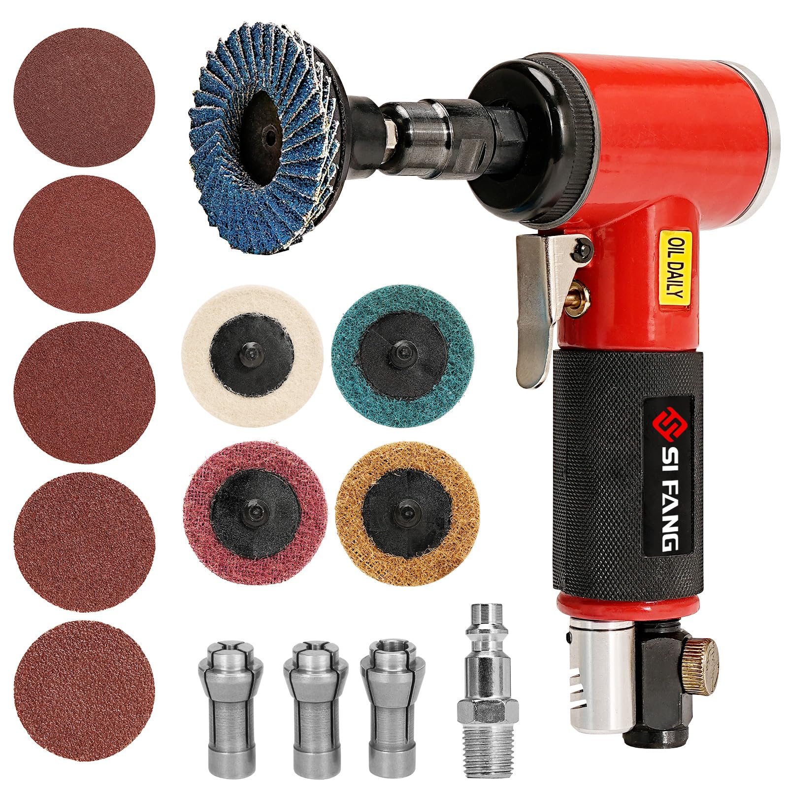 SI FANG 16Pcs Right Angle Air Die Grinder Kit with 1/4" 1/8" Collets 2 Inch Quick Change Roll Lock Sanding Discs Mix Set Accessories, 20,000RPM Pneumatic Grinding Tools Sander (Red)