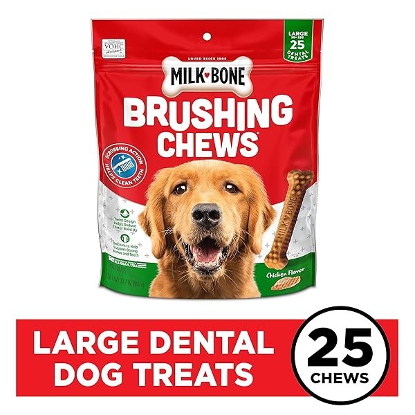 MILK-BONE BRUSHING CHEWS DAILY DENTAL DOG TREATS, CHICKEN FLAVOR, LARGE, 25 COUNT